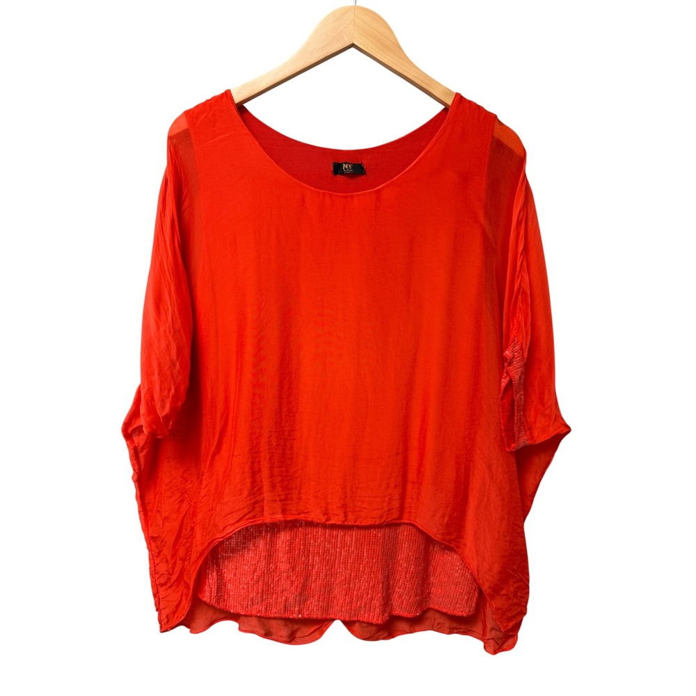 NT by Elmar Silk Blend Blouse Womens OS Orange Sequin Hem High Low Made in Italy